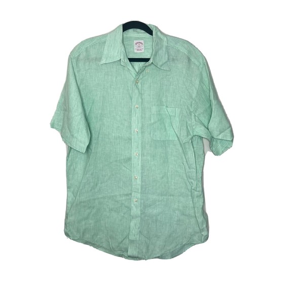 Brooks Brothers Shirt Men's Medium Green White Stripe Button Up Linen Summer - Picture 1 of 9